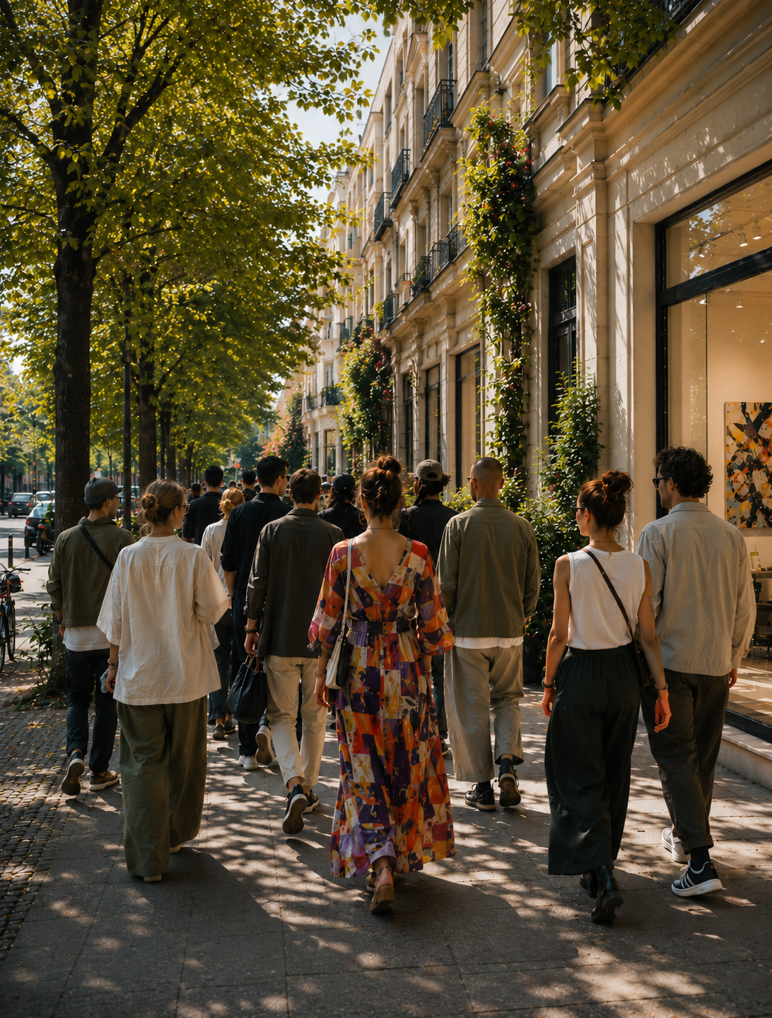 A group walking along a leafy Charlottenburg gallery street.